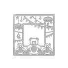 Die Stanzschablone Bären im Rahmen von Stanzenshop.de zeigt drei Bären, Wimpel, Herzen, einen Mond und "BABY" & "BEAUTIFUL" in einem quadratischen Rahmen - ideal für Basteln und Scrapbooking-Projekte.