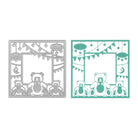 Die Stanzschablone Bären im Rahmen von Stanzenshop.de umfasst zwei quadratische Rahmen mit Teddybär-Motiven, Bannern, Sternen und "beautiful" oben drauf - ideal zum Basteln und Scrapbooking in den Stilrichtungen Silbermetall und Teal Paper.