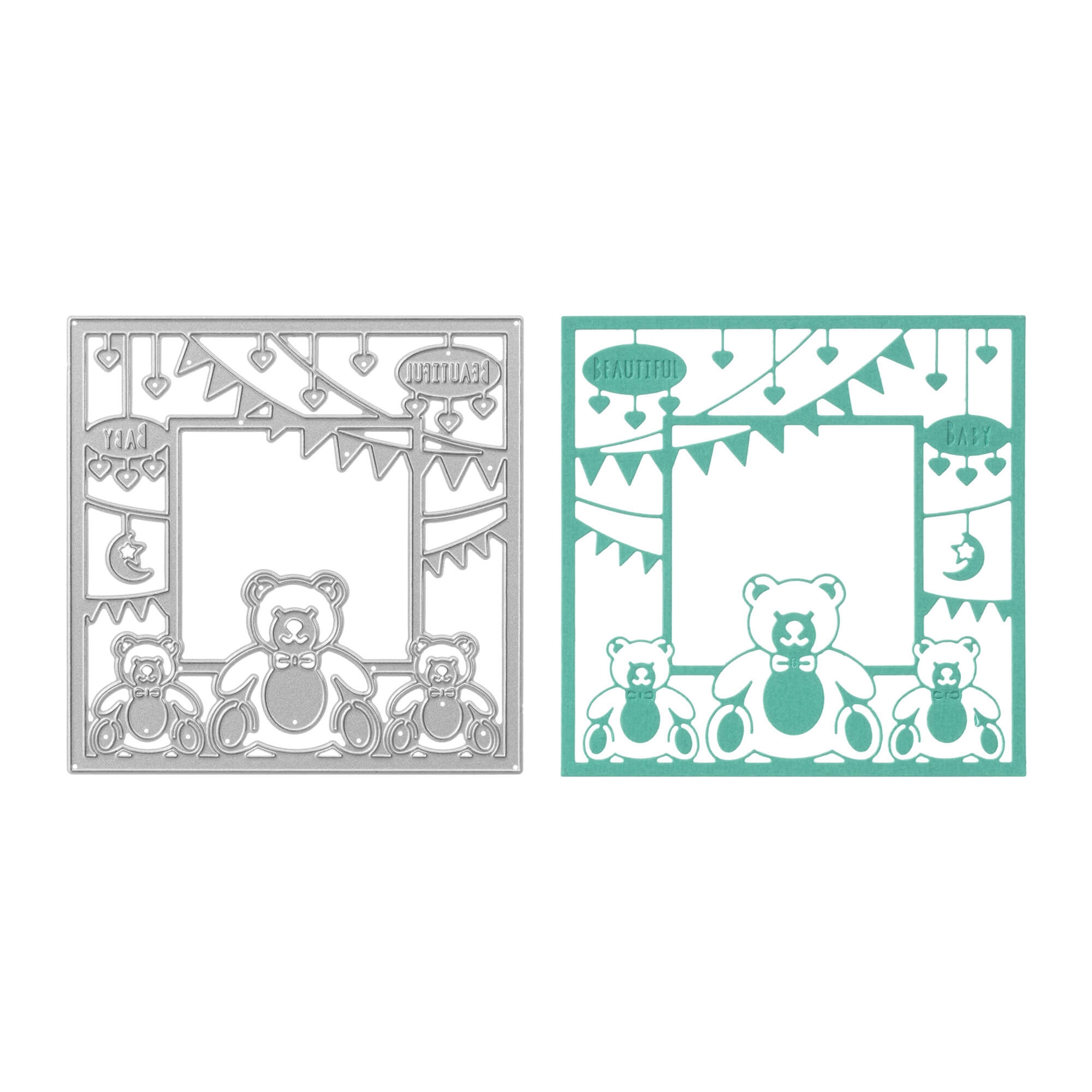 Die Stanzschablone Bären im Rahmen von Stanzenshop.de umfasst zwei quadratische Rahmen mit Teddybär-Motiven, Bannern, Sternen und "beautiful" oben drauf - ideal zum Basteln und Scrapbooking in den Stilrichtungen Silbermetall und Teal Paper.