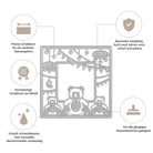 Schema der "Stanzschablone Bären im Rahmen" von Stanzenshop.de: drei Bären mit festlichem Dekor, aus präzisem, haltbarem Metall und mit scharfen Kanten. Der deutsche Text weist auf die Kompatibilität mit Stanzmaschinen hin - ideal für Scrapbooking und Basteln.