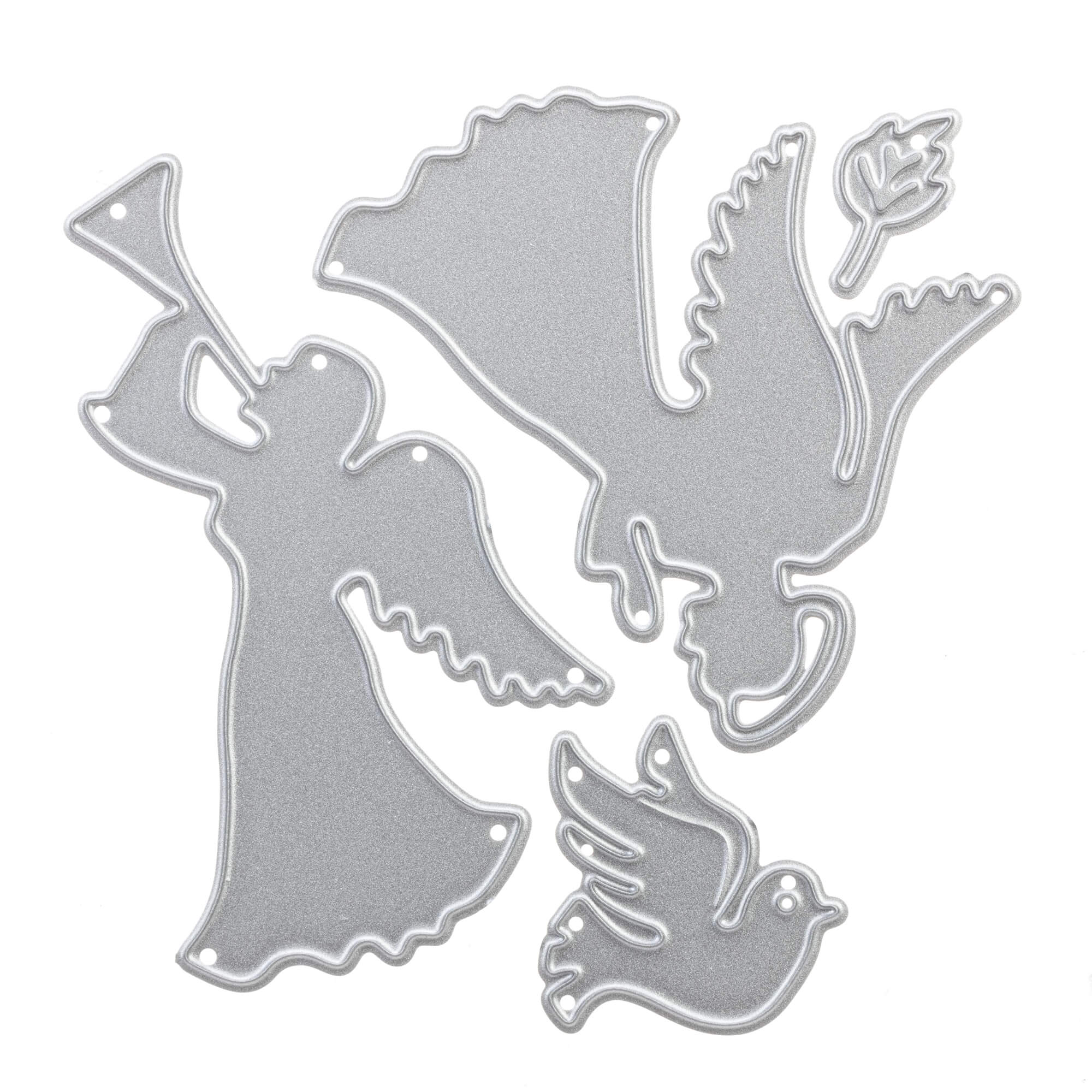 Zwei silberne Metallstanzteile, "Stanzschablone: Zwei Engel" von Stanzenshop.de-ideal für Basteln Winter oder Stanzen Weihnachten Projekte.