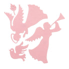 Zwei rosa Scherenschnitt-Engel aus Stanzschablone: Zwei Engel von Stanzenshop.de - einer bläst eine Trompete, der andere ein Herz - und ein kleiner Vogel, perfekt für Basteln im Winter auf weißem Hintergrund.