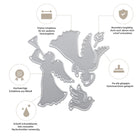 Stanzenshop.de Stanzschablone: Zwei Engel-silberne Stanzschablonen aus Metall, perfekt für Basteln Winter und Stanzen Weihnachten. Der deutsche Text lobt ihre Qualität und macht sie ideal für festliche Projekte.