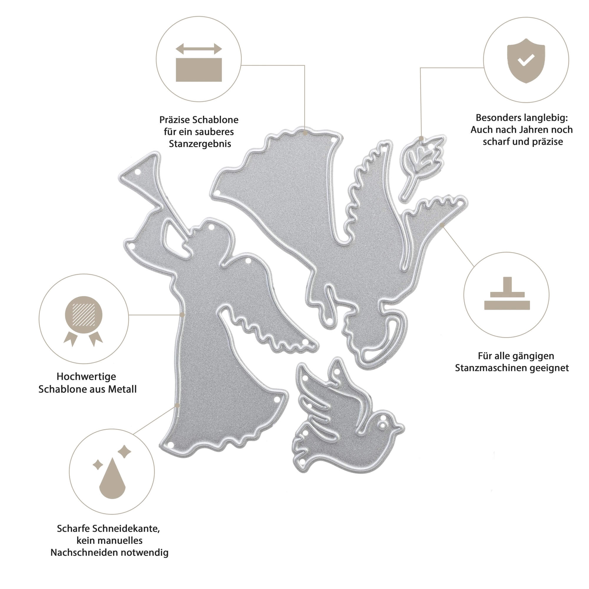 Stanzenshop.de Stanzschablone: Zwei Engel-silberne Stanzschablonen aus Metall, perfekt für Basteln Winter und Stanzen Weihnachten. Der deutsche Text lobt ihre Qualität und macht sie ideal für festliche Projekte.