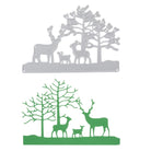 Die "Stanzschablone: Winterlandschaft mit drei Rehen" von Stanzenshop.de ist eine Stanzform aus Metall, die sich perfekt für Basteln Deko eignet und drei Rehe und Bäume zeigt. Oben abgebildet ist ein grüner Papierausschnitt, der mit diesem Design hergestellt wurde.