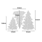 Die Stanzschablone von Stanzenshop.de: Drei Tannenbäume zeigt drei silberne Baumstümpfe (5,8x4,5 cm, 7,7x5,5 cm, 8,4x5,4 cm), ideal für Basteln Winter und Kartenherstellung, abgebildet auf einem weißen Hintergrund.
