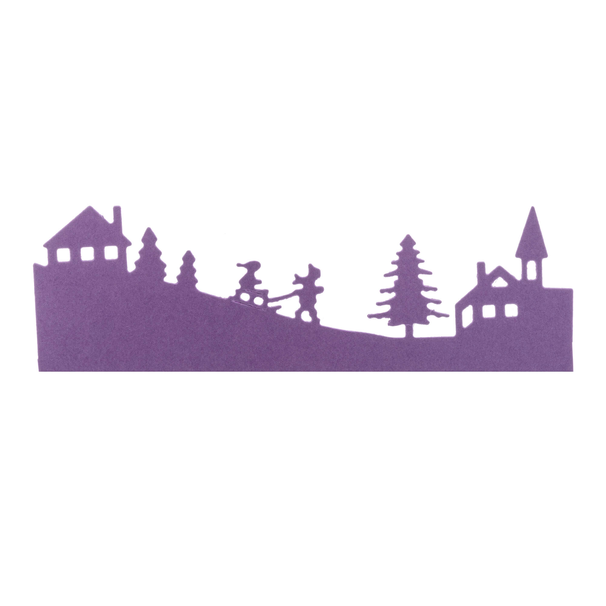 Verleihen Sie Ihren Bastelarbeiten winterlichen Charme mit der Stanzschablone Winterlandschaft mit Kindern von Stanzenshop.de - einer lilafarbenen Papierschablone, die eine Dorfszene mit zwei Häusern, Bäumen und Kindern darstellt, die auf einem Hügel spazieren gehen, wobei eines einen Schlitten schiebt.