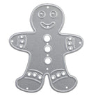 Die Stanzschablone: Lebkuchen von Stanzenshop.de ist eine silberne Lebkuchenform mit detaillierten Gesichts-, Arm- und Beineindrücken und kreisförmigen Ausschnitten - ideal zum Basteln von festlichen Basteln oder Wintermotiven.