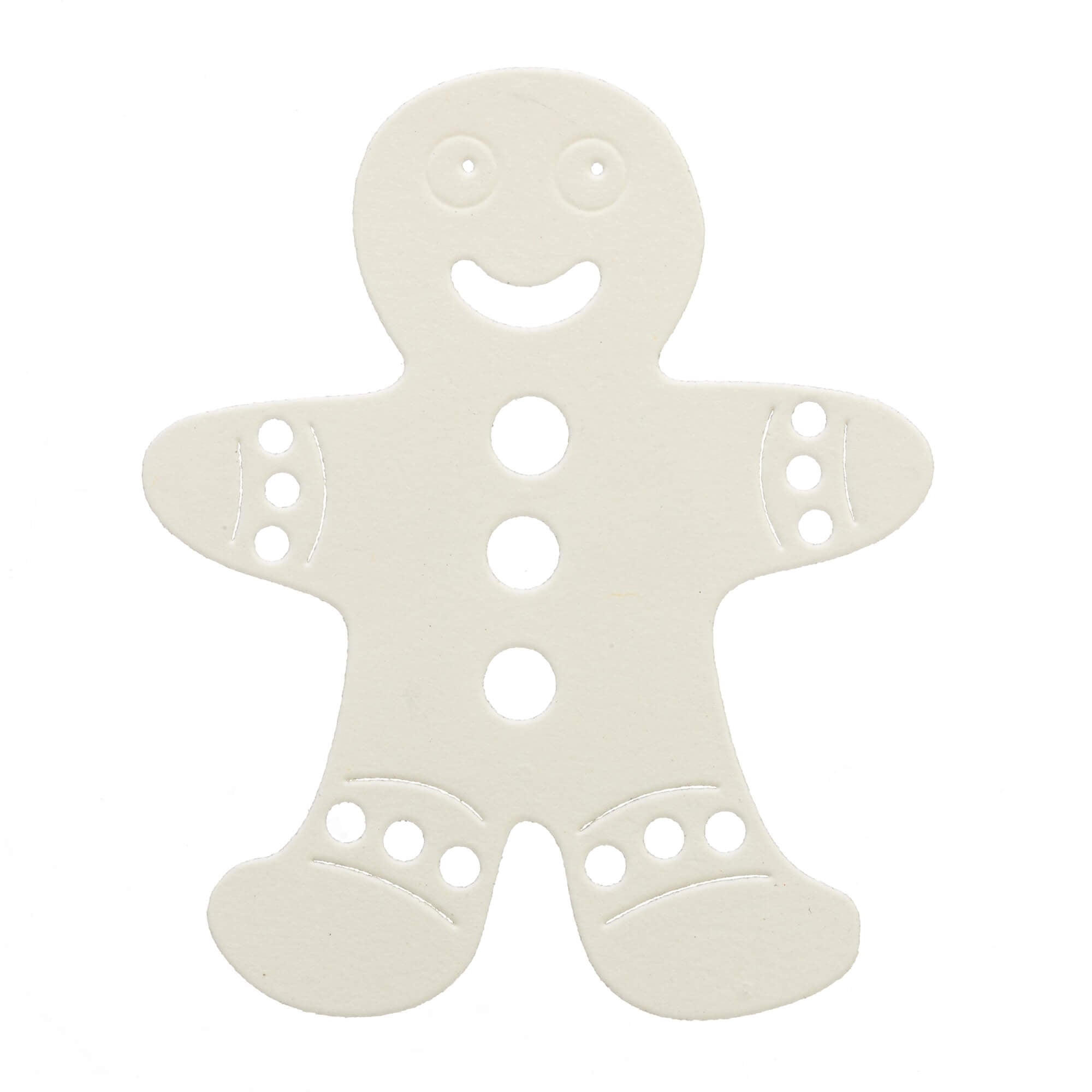 Die Stanzschablone: Lebkuchen von Stanzenshop.de ist ein weißer Lebkuchenmann-Ausschnitt mit drei Knöpfen, einem lächelnden Gesicht und dekorativen Löchern - ideal für weihnachtliche Bastelarbeiten oder als winterliche Bastelvorlage, dargestellt auf weißem Hintergrund.