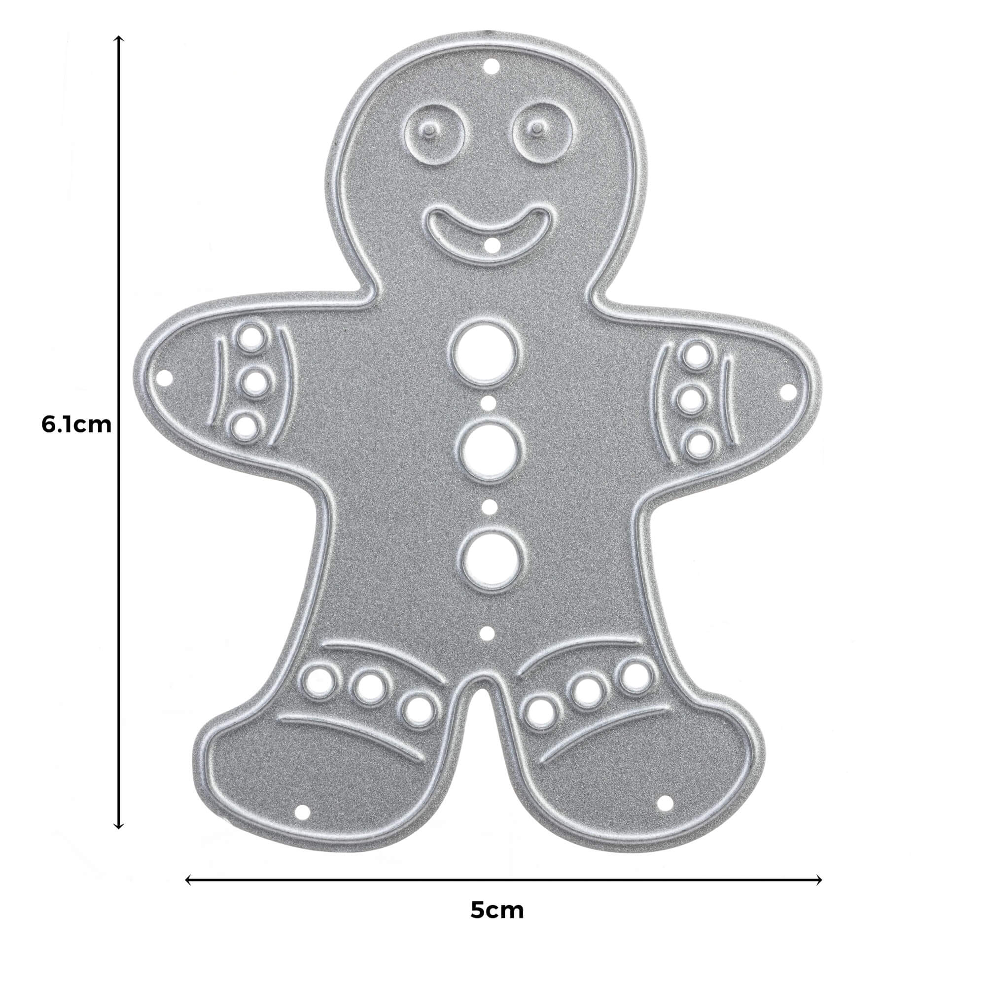 Die Stanzschablone: Lebkuchen von Stanzenshop.de ist eine 6,1 x 5 cm große Lebkuchenmann-Ausstechform aus Metall mit dekorativen Löchern und Gesichtszügen, perfekt für Basteln und festliche Wintermotive.
