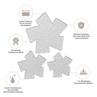 Die Stanzschablone: Drei Sterne (dreidimensional) von Stanzenshop.de wird mit deutschem Text und Symbolen gezeigt, die ihr präzises, haltbares und scharfes Design sowie ihre Kompatibilität mit Schneidemaschinen hervorheben.