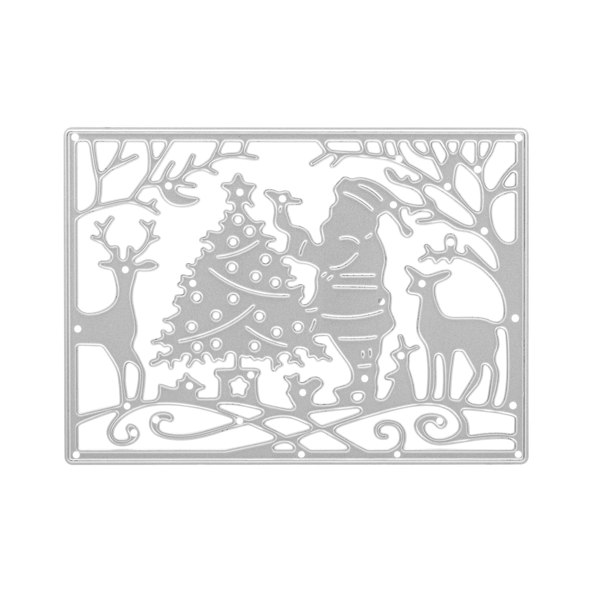Die "Stanzschablone: Weihnachtsmann, Tiere und Baum im Rahmen" von Stanzenshop.de zeigt den Weihnachtsmann, Tiere und einen Baum - ideal zum Basteln zu Weihnachten oder um festliches Flair in Ihre Scrapbooking-Projekte zu bringen.