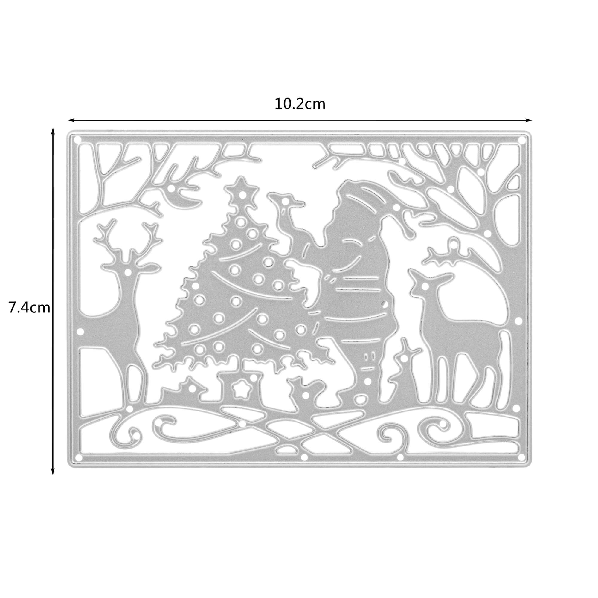 Die Stanzschablone "Weihnachtsmann, Tiere und Baum im Rahmen" von Stanzenshop.de ist eine silberne rechteckige Schablone (10,2 x 7,4 cm) für Scrapbooking und Basteln Weihnachten, die den Weihnachtsmann mit zwei Rentieren und Geschenken unter Weihnachtsbäumen zeigt.