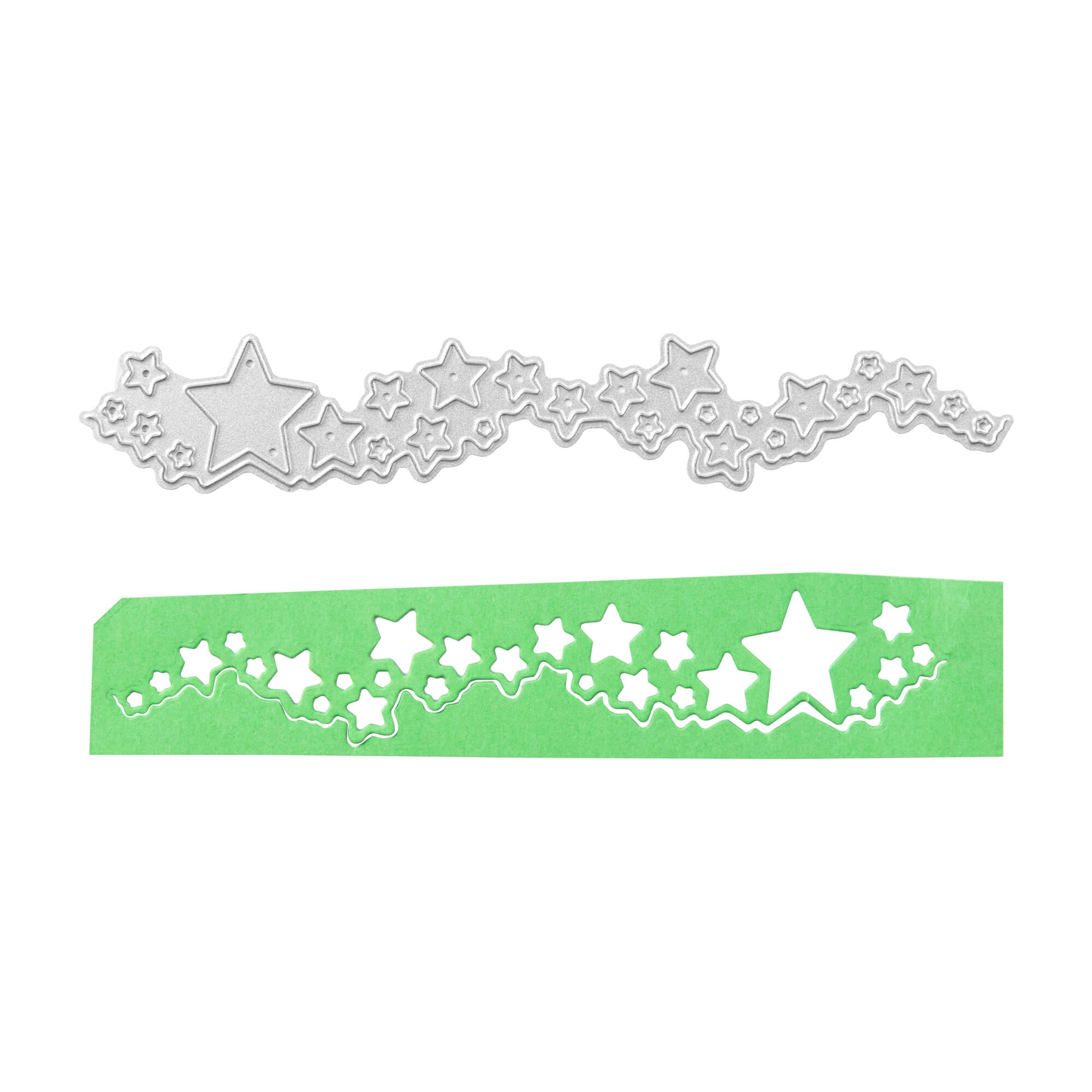 Die silberne Stanzschablone: Sterne auf einer Welle von Stanzenshop.de zaubert ein Sternenmuster auf einen grünen Papierstreifen - ideal zum Karten basteln und für festliche Wintermotive bei Ihren Bastelprojekten.