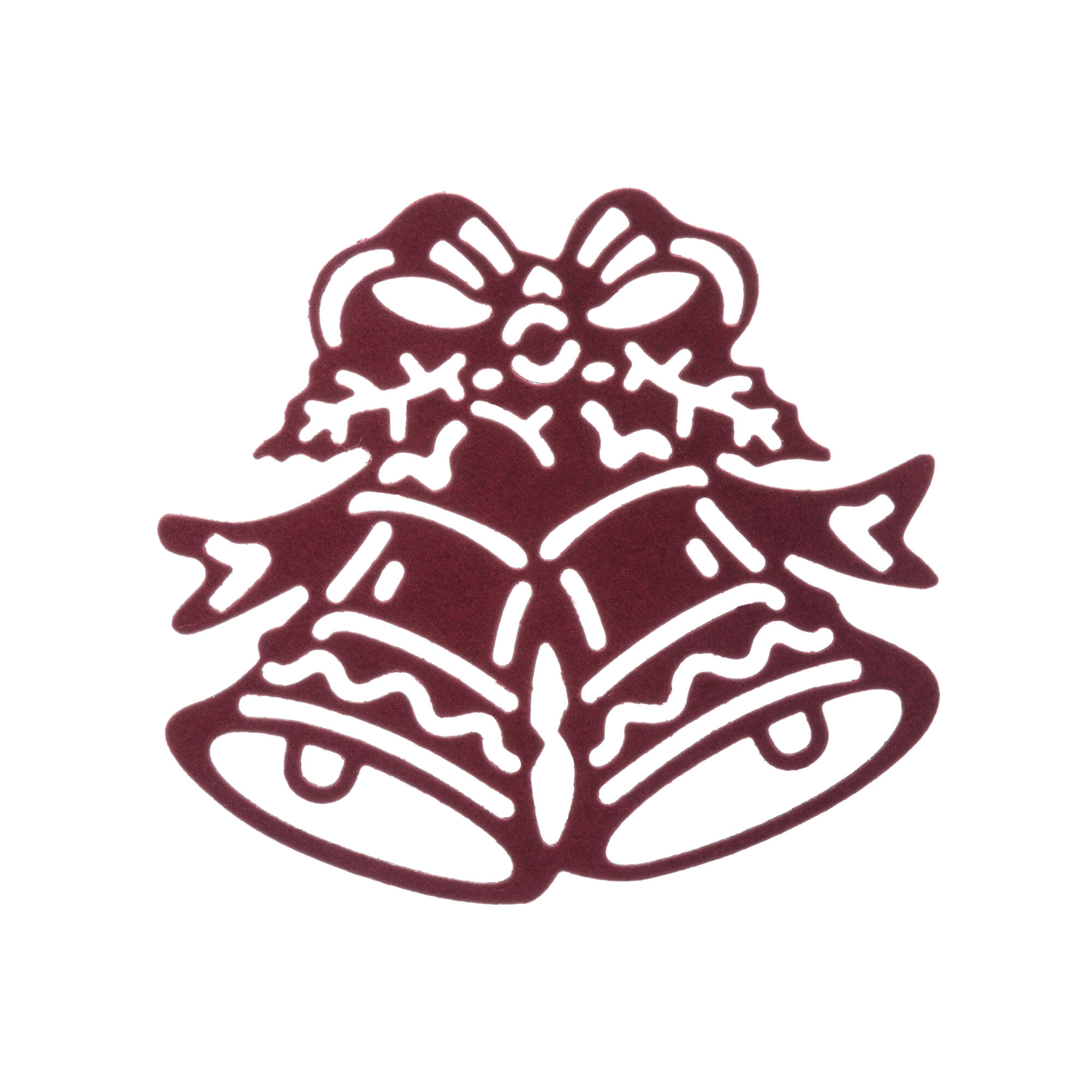 Eine kastanienbraune Silhouette von zwei festlichen Glocken mit Bändern und Stechpalmen, inspiriert von Stanzschablone: Zwei Weihnachtsglocken von Stanzenshop.de, die ein weihnachtliches Thema auf einem weißen Hintergrund symbolisieren.