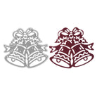 Erstellen Sie festliche Bastelarbeiten mit zwei überlappenden Weihnachtsglockenausschnitten mit der Stanzschablone: Zwei Weihnachtsglocken von Stanzenshop.de-silber und kastanienbraun, jeweils mit Schleifen und Stechpalmen verziert, ideal für Stanzen Weihnachten Projekte.