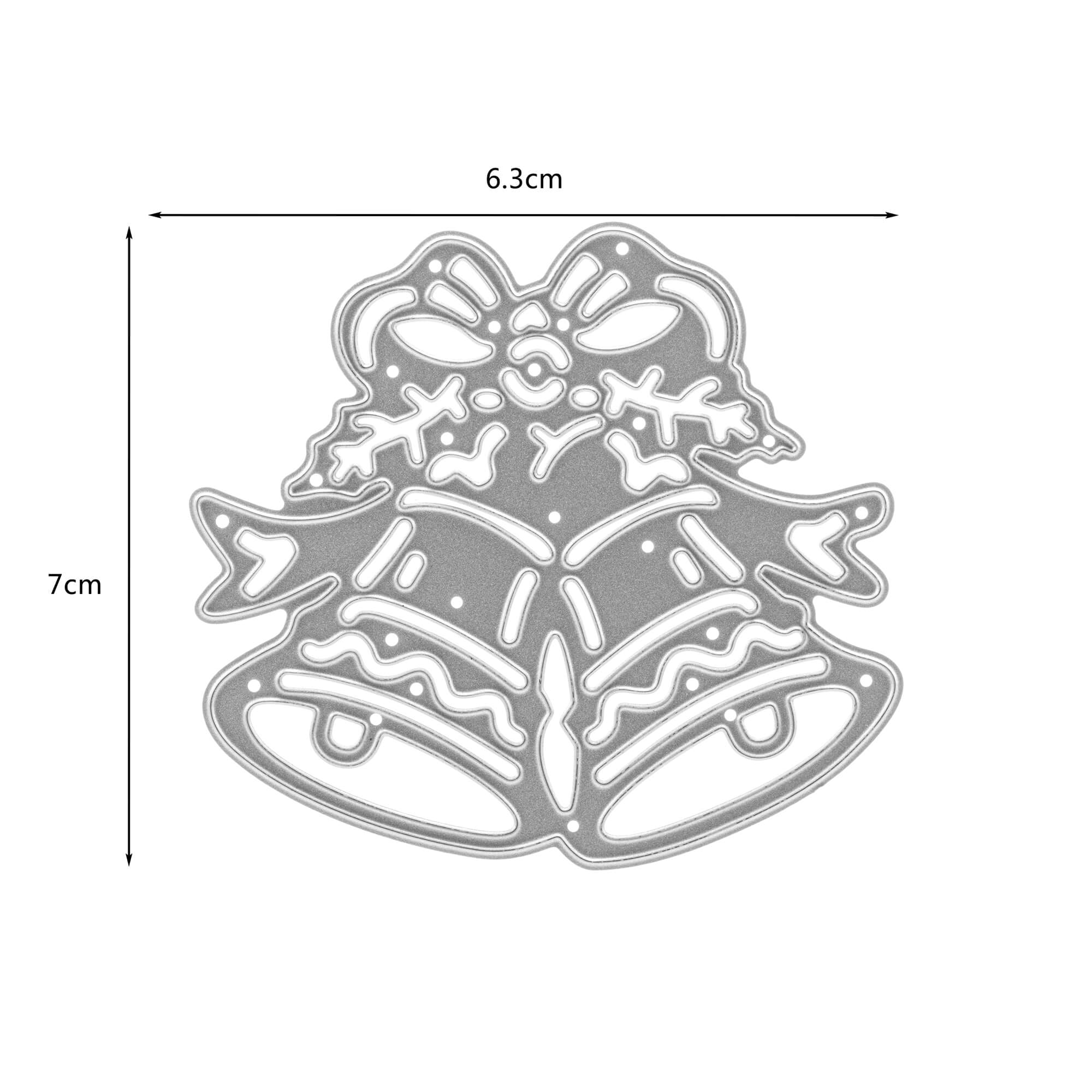 Die Stanzschablone "Zwei Weihnachtsglocken" von Stanzenshop.de zeigt zwei Metallglocken mit Schleife und Stechpalmen, 6,3 × 7 cm groß - ideal für festliche Stanzen Weihnachten Bastelprojekte; Maße mit Pfeilen dargestellt.
