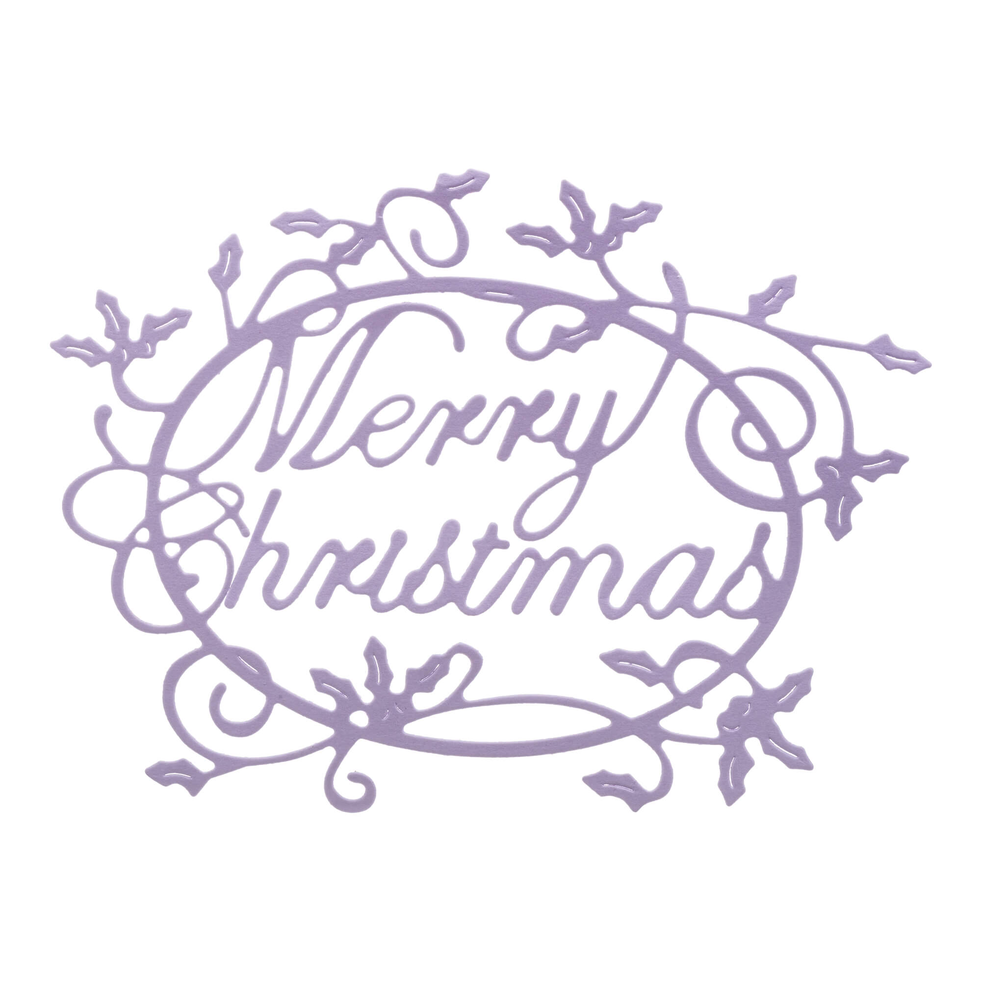 Die Stanzenshop.de Stanzschablone: Schriftzug Merry Christmas mit Ranken bietet einen festlichen Ausschnitt mit "Merry Christmas" Text, wirbelnden Linien und Stechpalmen - ideal für Weihnachten oder Scrapbooking Schablonen Projekte.