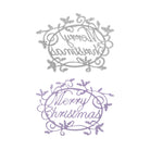 Zwei dekorative Ausschnitte aus Stanzschablone: Auf dem Schriftzug Merry Christmas mit Ranken von Stanzenshop.de steht "Merry Christmas" in Schreibschrift mit Ranken - einmal silber verspiegelt, einmal lila. Ideal für Scrapbooking oder Weihnachtsdekoration.