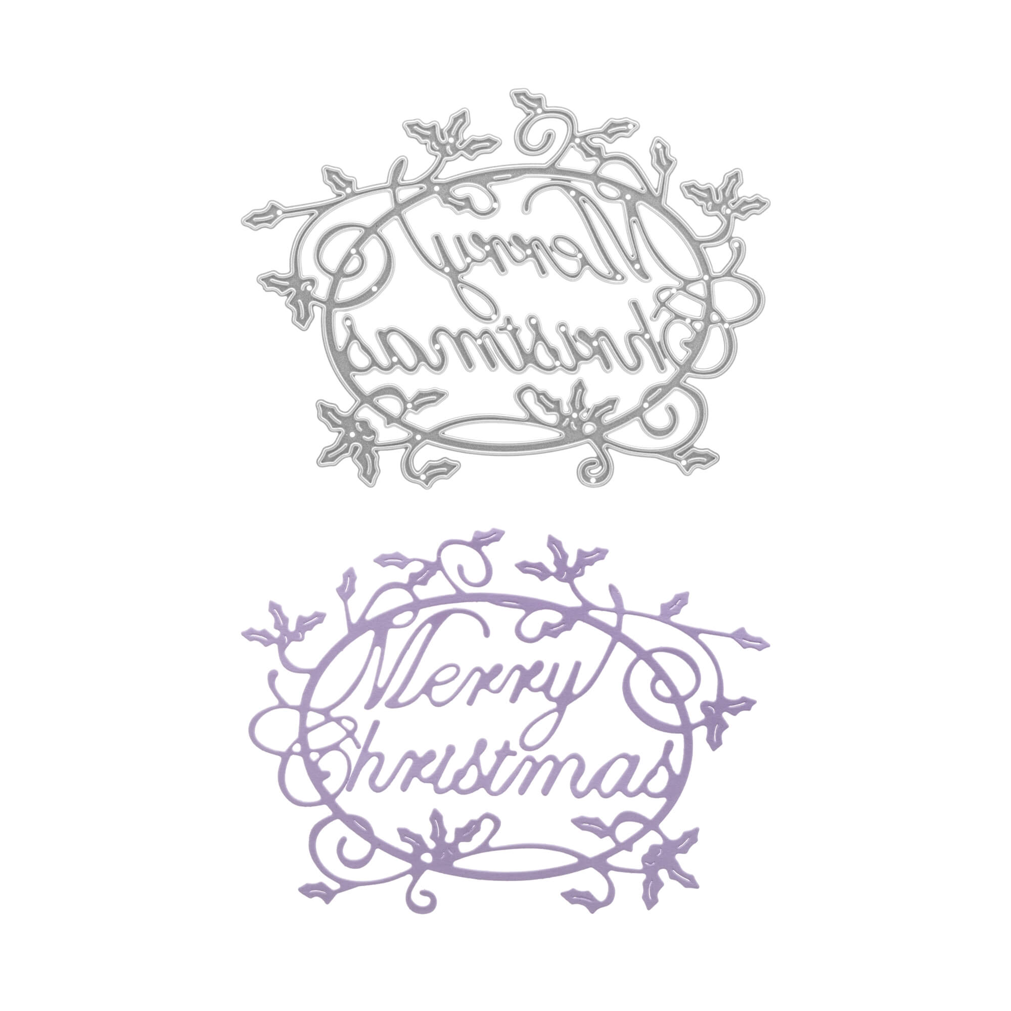 Zwei dekorative Ausschnitte aus Stanzschablone: Auf dem Schriftzug Merry Christmas mit Ranken von Stanzenshop.de steht "Merry Christmas" in Schreibschrift mit Ranken - einmal silber verspiegelt, einmal lila. Ideal für Scrapbooking oder Weihnachtsdekoration.