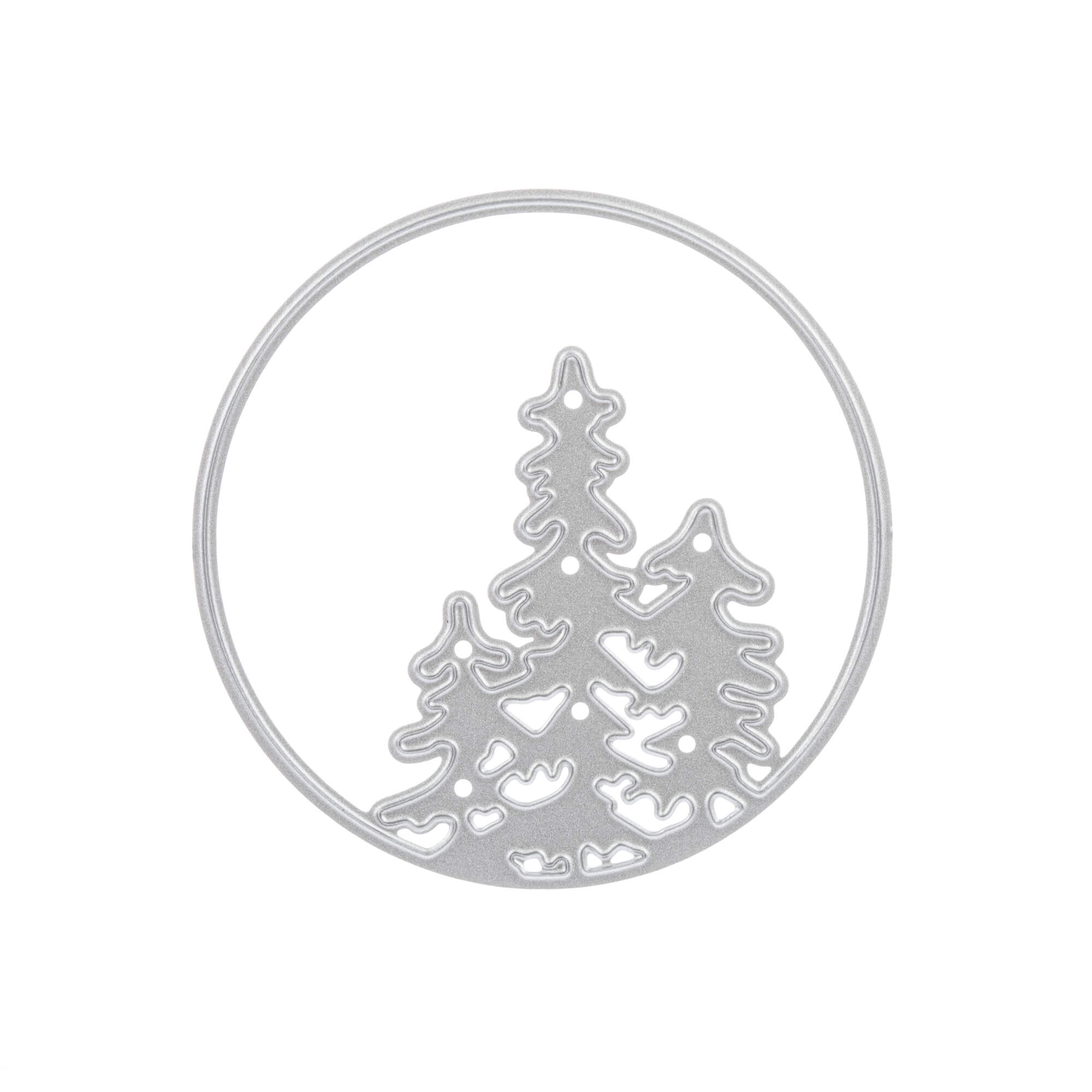 Die Stanzschablone Drei Tannenbäume in rundem Rahmen von Stanzenshop.de ist ideal für Wintermotive Basteln und Stanzen für Karten - die perfekte Stanzschablone Weihnachten für festliche Bastelprojekte.