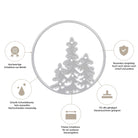 Die Stanzschablone Drei Tannenbäume in rundem Rahmen von Stanzenshop.de ist zentriert dargestellt, umgeben von fünf Icons mit ihren Eigenschaften - perfekt zum Stanzen für Karten und Winterbasteleien.