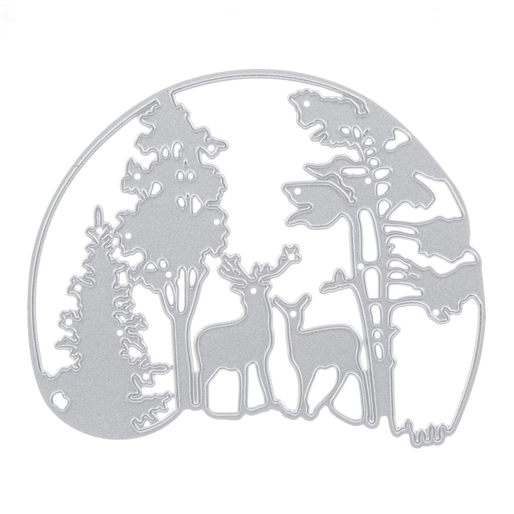 Eine Stanzschablone: Winterlandschaft im Halbkreis, Metallstanzling von Stanzenshop.de, die zwei in einem Wald stehende Hirsche mit Bäumen im Hintergrund zeigt, erzeugt ein atemberaubendes Bastelergebnis, perfekt für Weihnachtsbasteleien.
