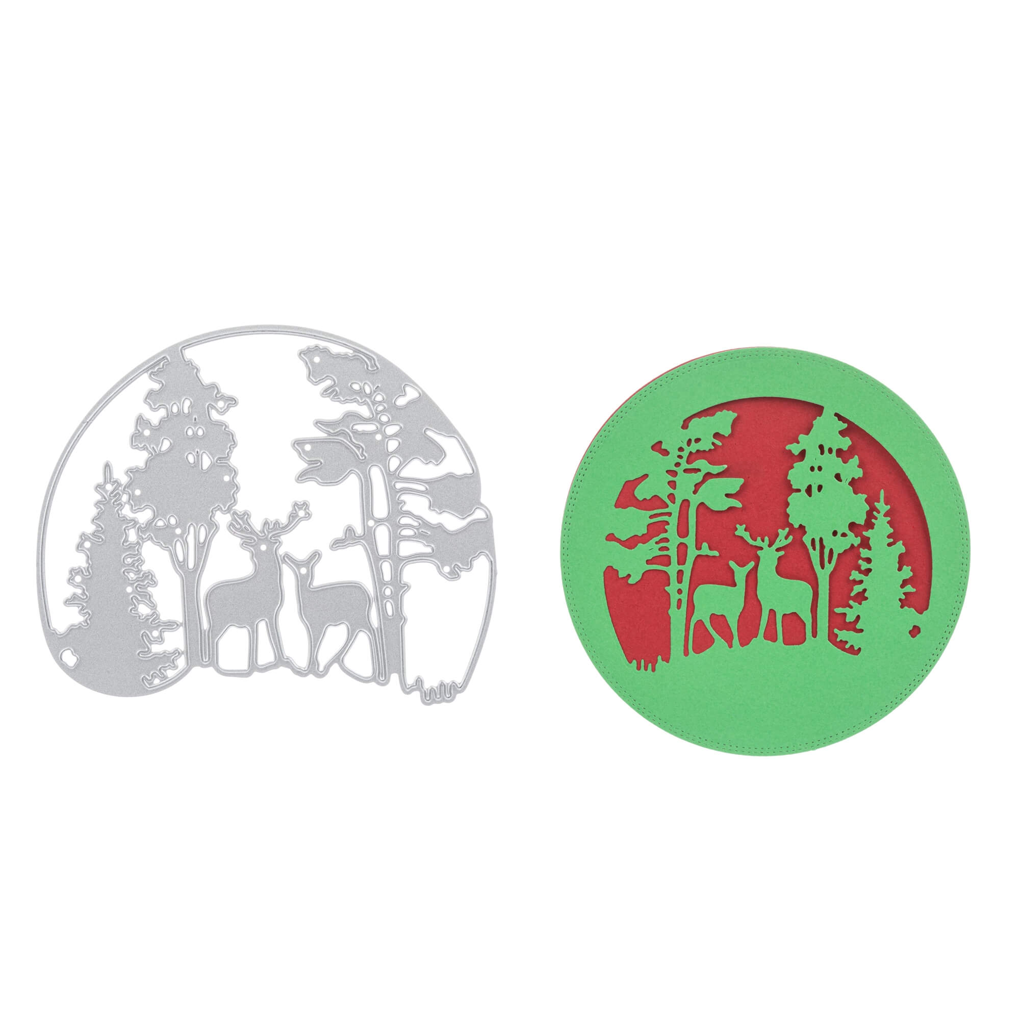 Die Stanzenshop.de Stanzschablone: Winterlandschaft im Halbkreis zeigt Hirsche und Bäume aus Metall für festliche Basteln Karten zu Weihnachten, hier neben einer runden Karte mit der passenden roten und grünen Winterszene.