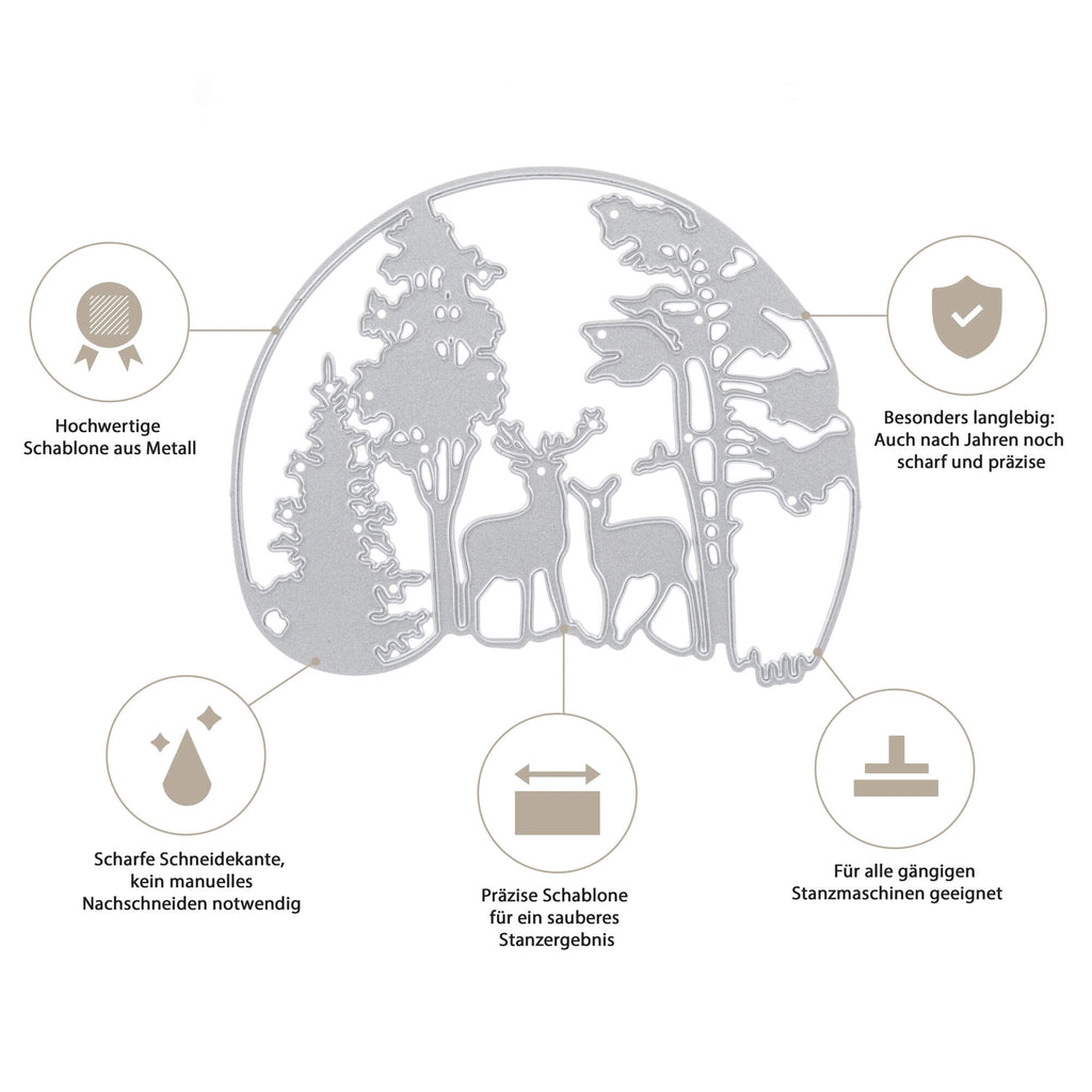 Diagramm, das eine Stanzschablone zeigt: Winterlandschaft im Halbkreis mit Rehen und Bäumen von Stanzenshop.de, wobei Merkmale wie hochwertiges Metall, scharfe Kanten, dauerhafte Präzision, Kompatibilität mit Stanzmaschinen und kein manuelles Zuschneiden hervorgehoben werden. Ideal für Weihnachtsprojekte mit bezaubernden Wintermotiven.