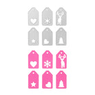 Zehn Geschenkanhänger in zwei Reihen: die obere Reihe ist silbern mit ausgeschnittenen Weihnachtsmotiven, die untere Reihe ist rosa mit weißen Weihnachtsmotiven - ein Herz, eine Schneeflocke, ein Rentier, ein Stern und ein Baum - hergestellt mit der Stanzschablone Fünf Anhänger mit Weihnachtsmotiven von Stanzenshop.de.