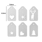 Die Stanzschablone Fünf Anhänger mit Weihnachtsmotiven von Stanzenshop.de schneidet fünf festliche Geschenkanhänger - Herz, Schneeflocke, Rentier, Stern und Weihnachtsbaum. Jeder Anhänger ist 6,3 x 3,8 cm groß; perfekt für Basteln Karten oder Weihnachtsbasteln.