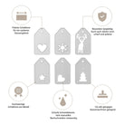 Die Stanzschablone Fünf Anhänger mit Weihnachtsmotiven von Stanzenshop.de bietet festliche Metallanhänger - ideal für Winterbasteleien und Bastelkarten - mit deutschen Texten und Symbolen, die die weihnachtlichen Motive hervorheben.