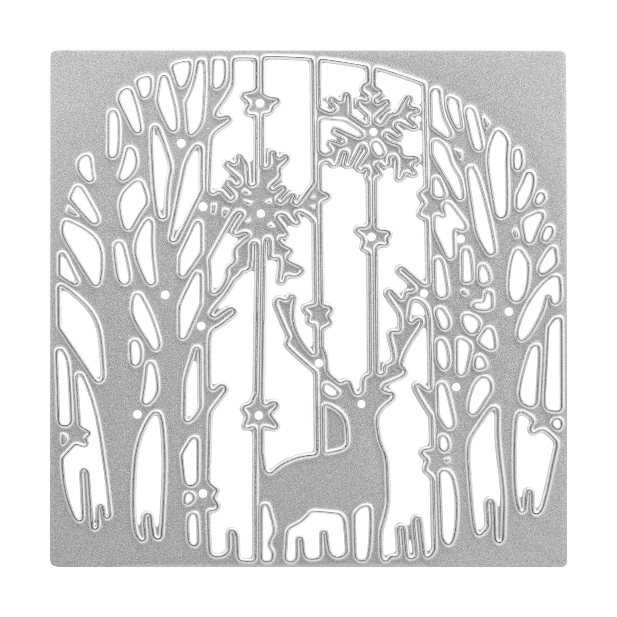 Die Stanzenshop.de Stanzschablone: Landschaft mit Bäumen und einem Reh im Rahmen ist ideal zum Basteln von festlichen oder winterlichen Karten. Sie zeigt eine detailreiche Szene mit einem Reh und einem Baum, umrahmt von silbernem Metall.