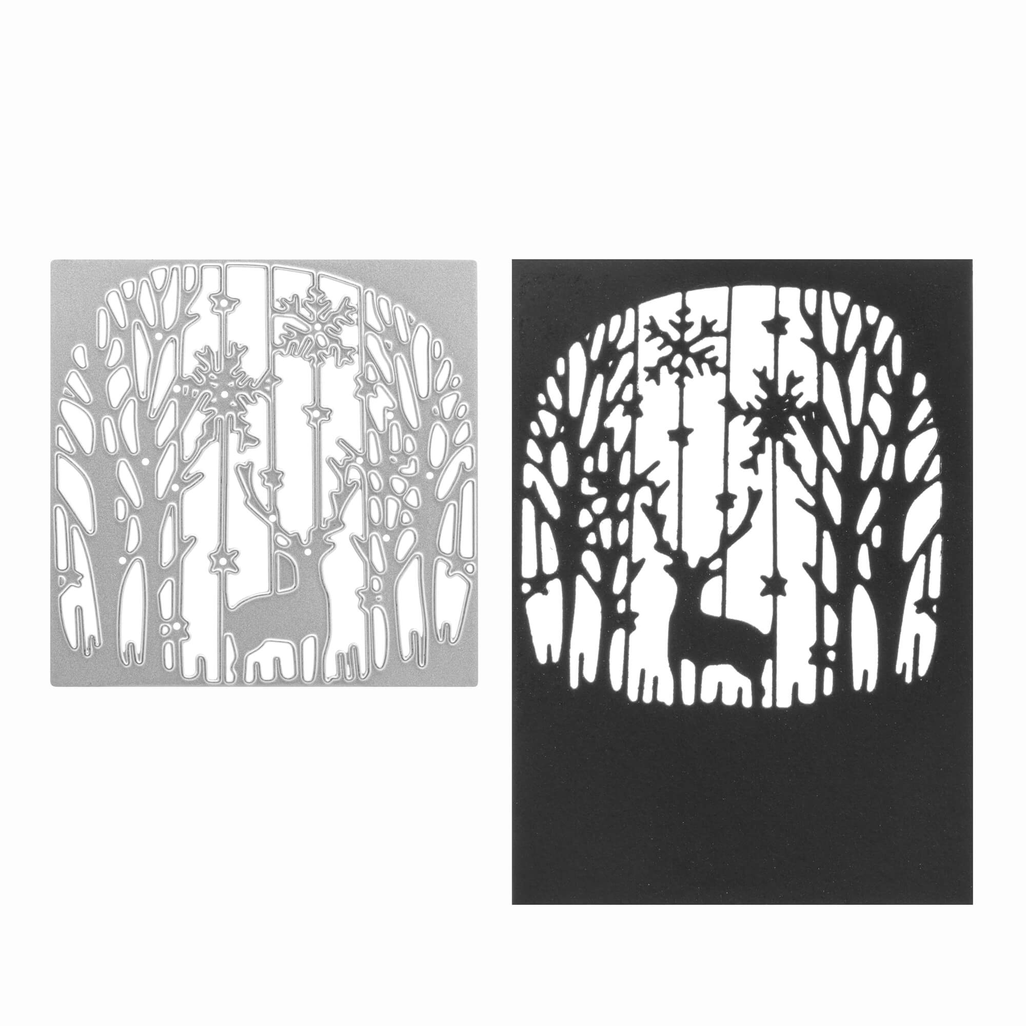 Die Stanzenshop.de Stanzschablone "Landschaft mit Bäumen und einem Reh im Rahmen" plus schwarzem Papier-Ausschnitt - ideal für Wintermotive oder Weihnachtsbasteleien.