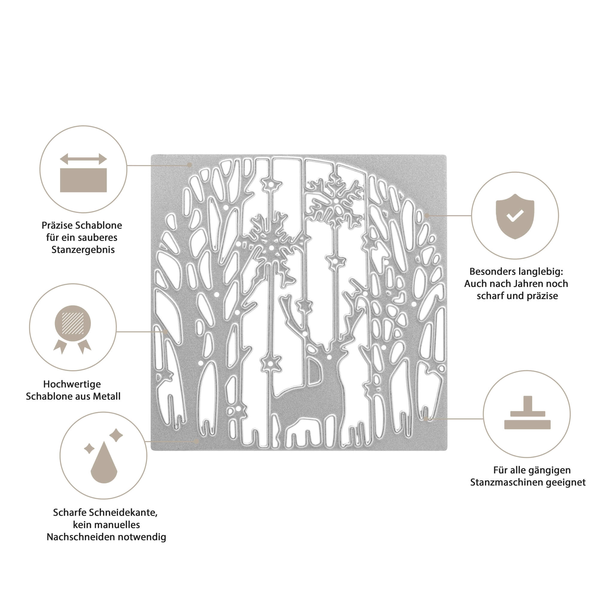 Die Stanzenshop.de "Stanzschablone: Landschaft mit Bäumen und einem Reh im Rahmen" zeigt ein Hirsch- und Baumdesign - ideal für Wintermotive und Weihnachtsbasteleien, mit deutschen Icons, die Qualität und Langlebigkeit betonen.
