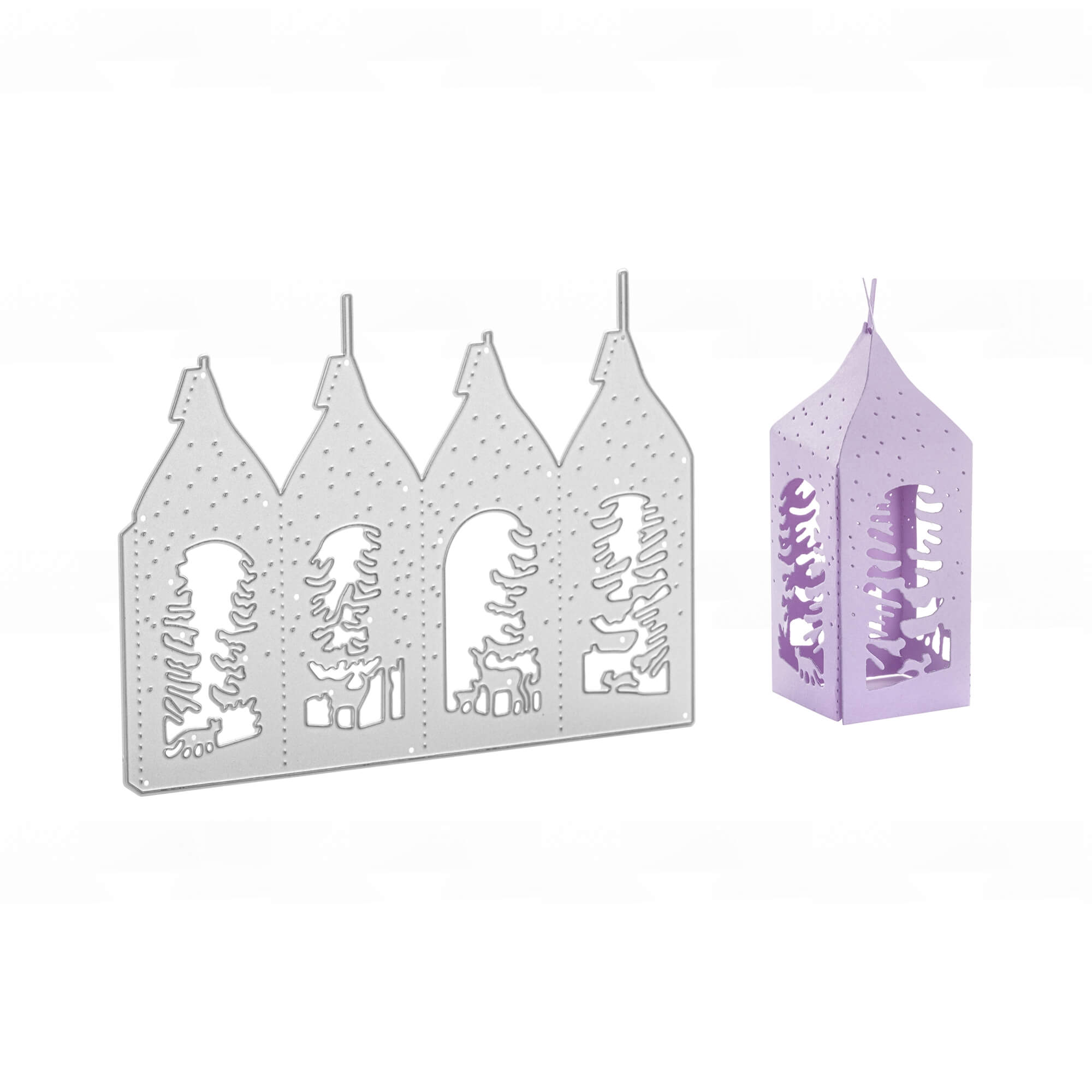 Die Stanzenshop.de Stanzschablone: Aufsteller mit Wintermotiven zeigt vier Häuser und passt perfekt zu einer gefalteten lila Papierlaterne - ideal zum Basteln, Stanzen oder für festliche Projekte.