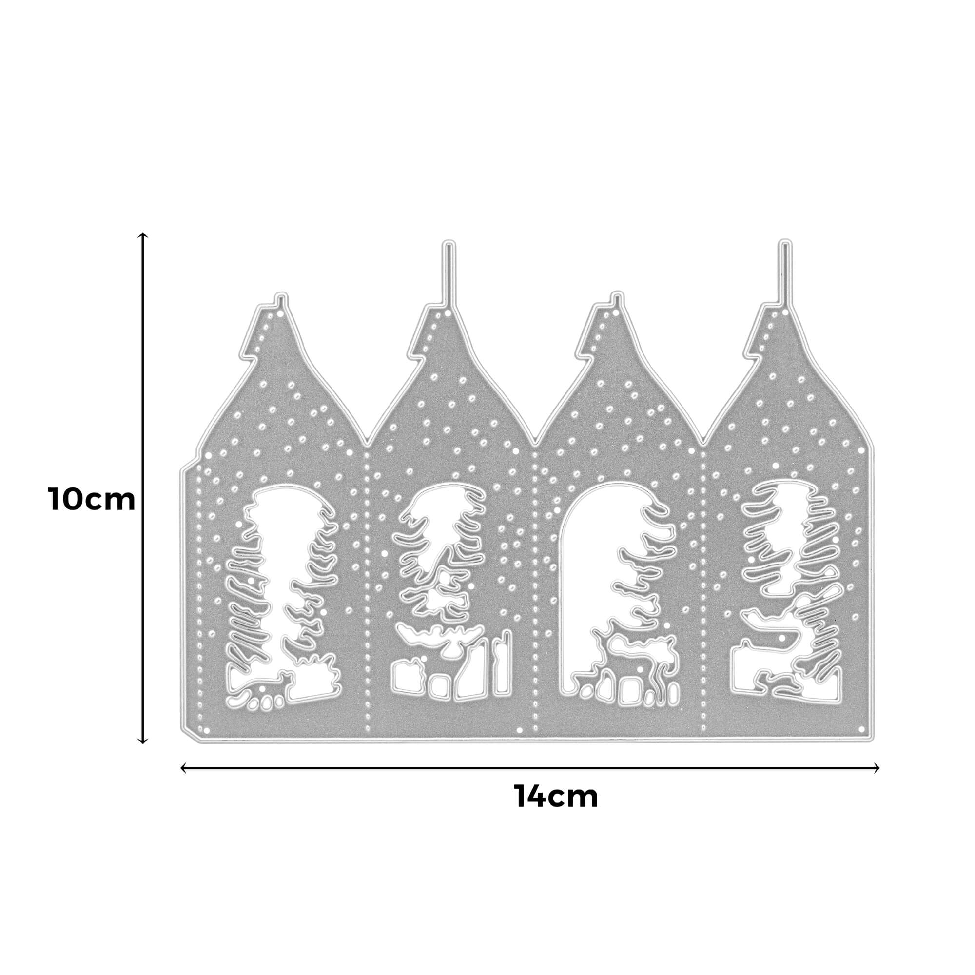 Die Stanzschablone: Aufsteller mit Wintermotiven von Stanzenshop.de ist ein silberner Metallstempel in Form von vier Häusern mit Weihnachtsbäumen, Geschenken und Schneeakzenten; perfekt für Stanzen Basteln. Größe: 10 cm x 14 cm.