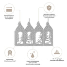 Die Metallschablone "Stanzschablone: Aufsteller mit Wintermotiven" von Stanzenshop.de zeigt vier Anhängerformen mit weihnachtlichen Motiven - perfekt für Weihnachten und Basteln. Icons und kurze deutsche Texte zeigen Präzision, Haltbarkeit und Kompatibilität.