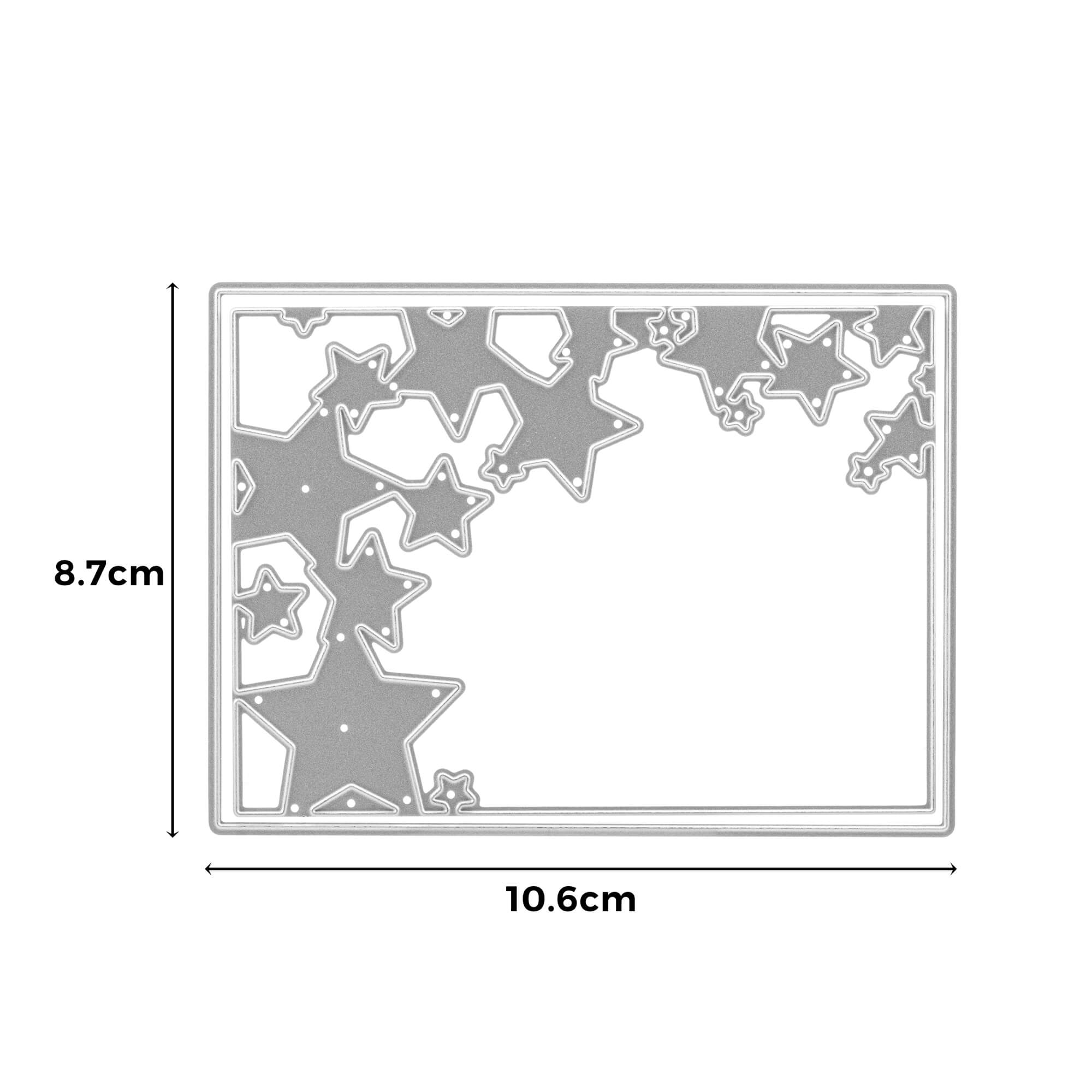 Die Stanzenshop.de Stanzschablone: Rahmen mit Sternen ist ein rechteckiger Metallstempel (8,7 x 10,6 cm) mit einem charmanten Sternenmuster in der linken oberen Ecke - ideal für Ihr nächstes Bastelprojekt.