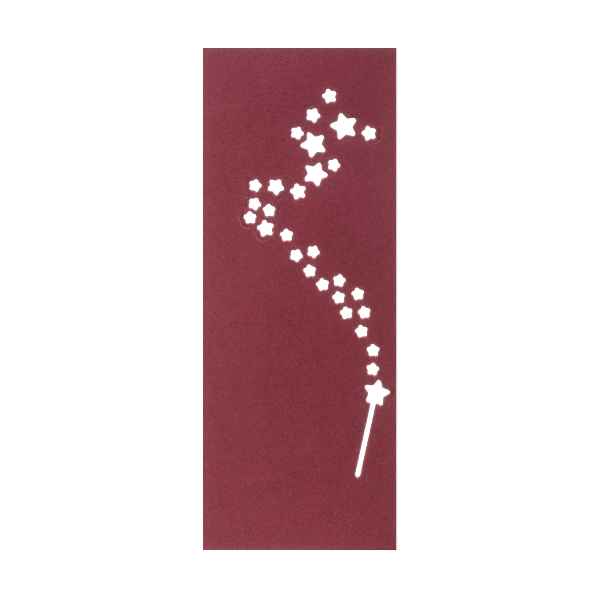 Die Stanzschablone: Reihe aus Sternen von Stanzenshop.de zeigt ein kastanienbraunes Rechteck mit weißem Zauberstab und wirbelnden Sternen - ideal, um Bastelergebnisse zu verzaubern oder Ihren Scrapbooking-Projekten Sternenzauber zu verleihen.