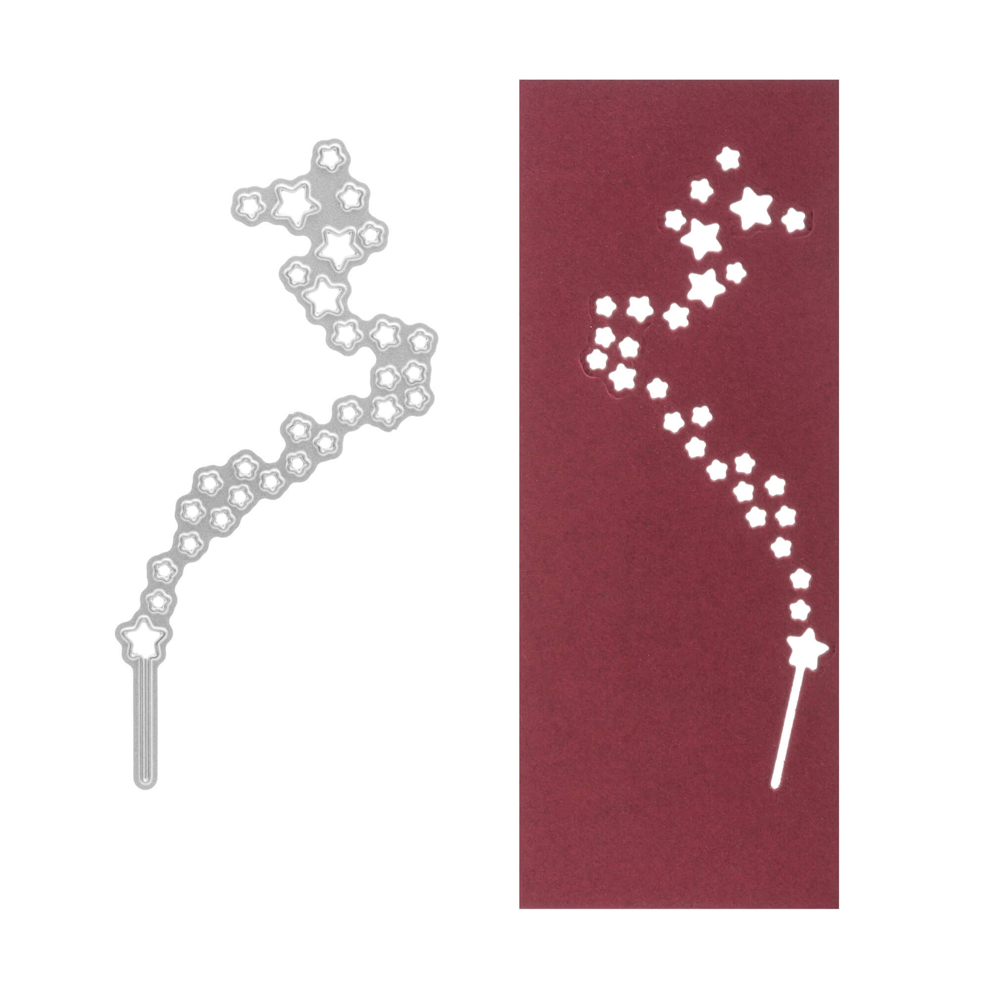 Die Stanzschablone: Reihe aus Sternen von Stanzenshop.de wird neben kastanienbraunem Papier mit passenden Sternausschnitten gezeigt - ideal für Ihr nächstes Scrapbooking- oder Bastelergebnis-Projekt.