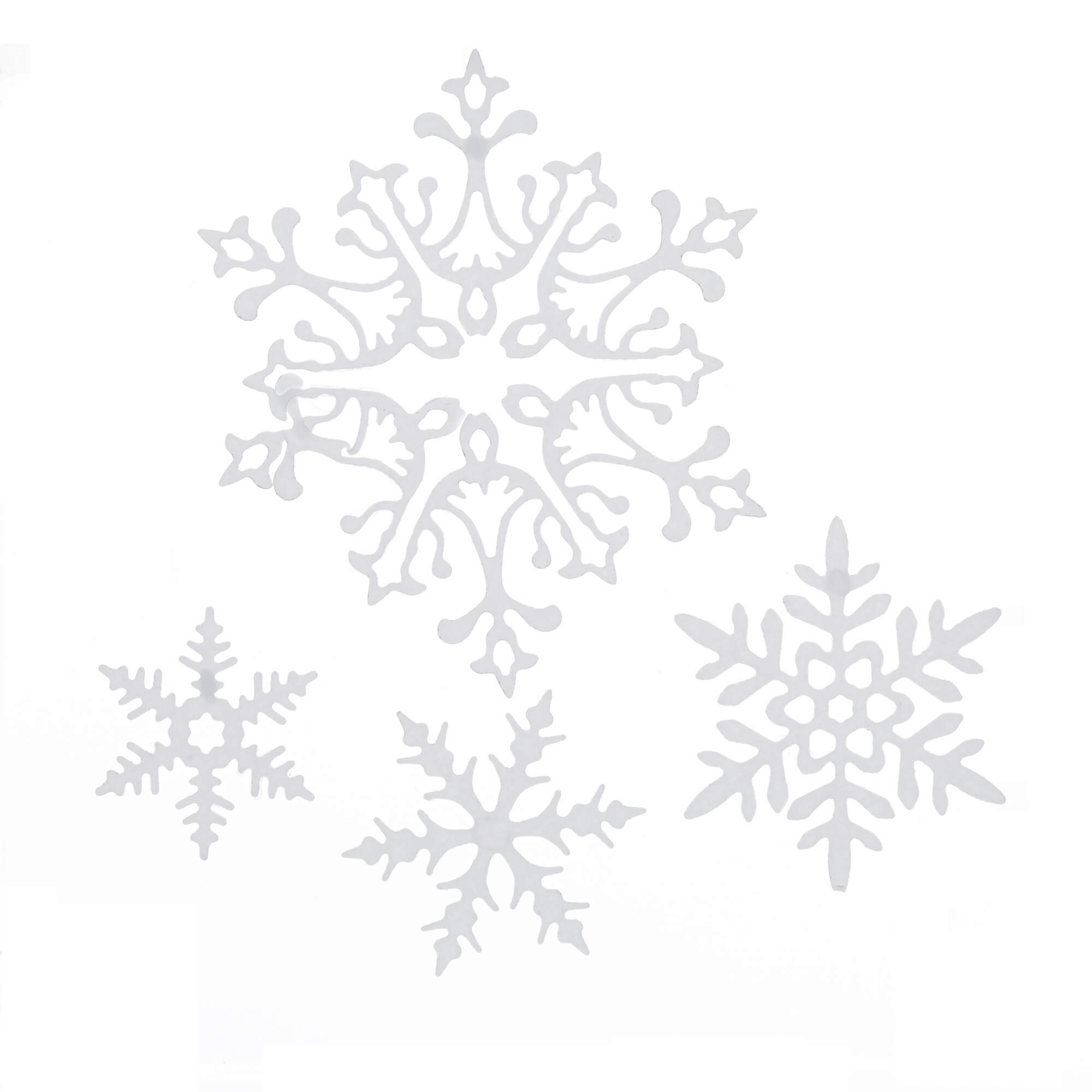 Die Stanzschablone Vier Schneeflocken in verschiedenen Größen von Stanzenshop.de zeigt vier weiße Schneeflocken auf weißem Hintergrund - ideal zum Basteln, Scrapbooking und kreative Projekte.