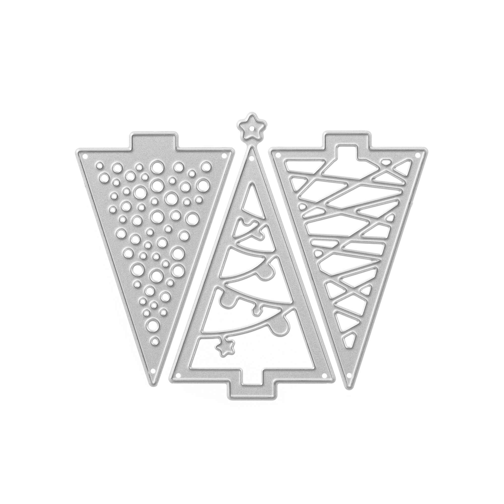 Die "Stanzschablone Drei verschiedene Tannenbäume" von Stanzenshop.de enthält drei silberne Schablonen mit unterschiedlichen Mustern - Kreise, geschmückter Baum und diagonalen Linien - ideal zum Basteln.