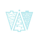 Stanzschablone Drei verschiedene Tannenbäume von Stanzenshop.de: Drei pastellblaue, dreieckige Bastelstücke mit Tannenbaum-, Linien- und Punktedesign auf weißem Hintergrund.