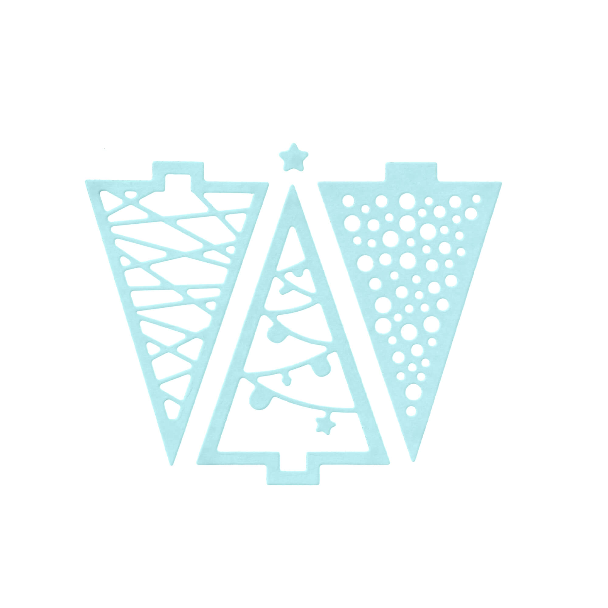 Stanzschablone Drei verschiedene Tannenbäume von Stanzenshop.de: Drei pastellblaue, dreieckige Bastelstücke mit Tannenbaum-, Linien- und Punktedesign auf weißem Hintergrund.