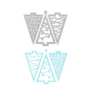 Die "Stanzschablone Drei verschiedene Tannenbäume" von Stanzenshop.de enthält drei dreieckige Metallstanzen und passende blaue Baumausschnitte - ideal für festliche Bastelprojekte.