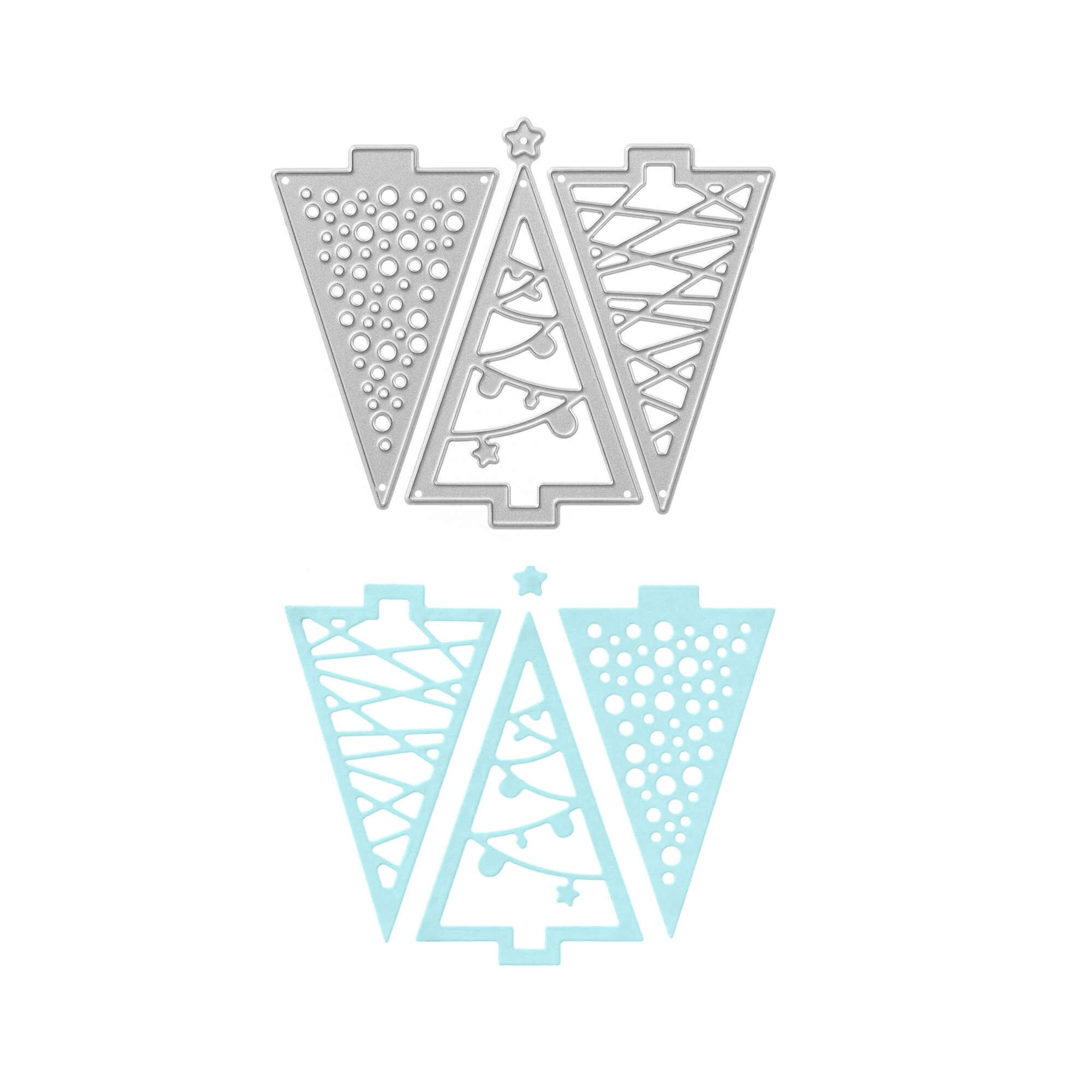 Die "Stanzschablone Drei verschiedene Tannenbäume" von Stanzenshop.de enthält drei dreieckige Metallstanzen und passende blaue Baumausschnitte - ideal für festliche Bastelprojekte.