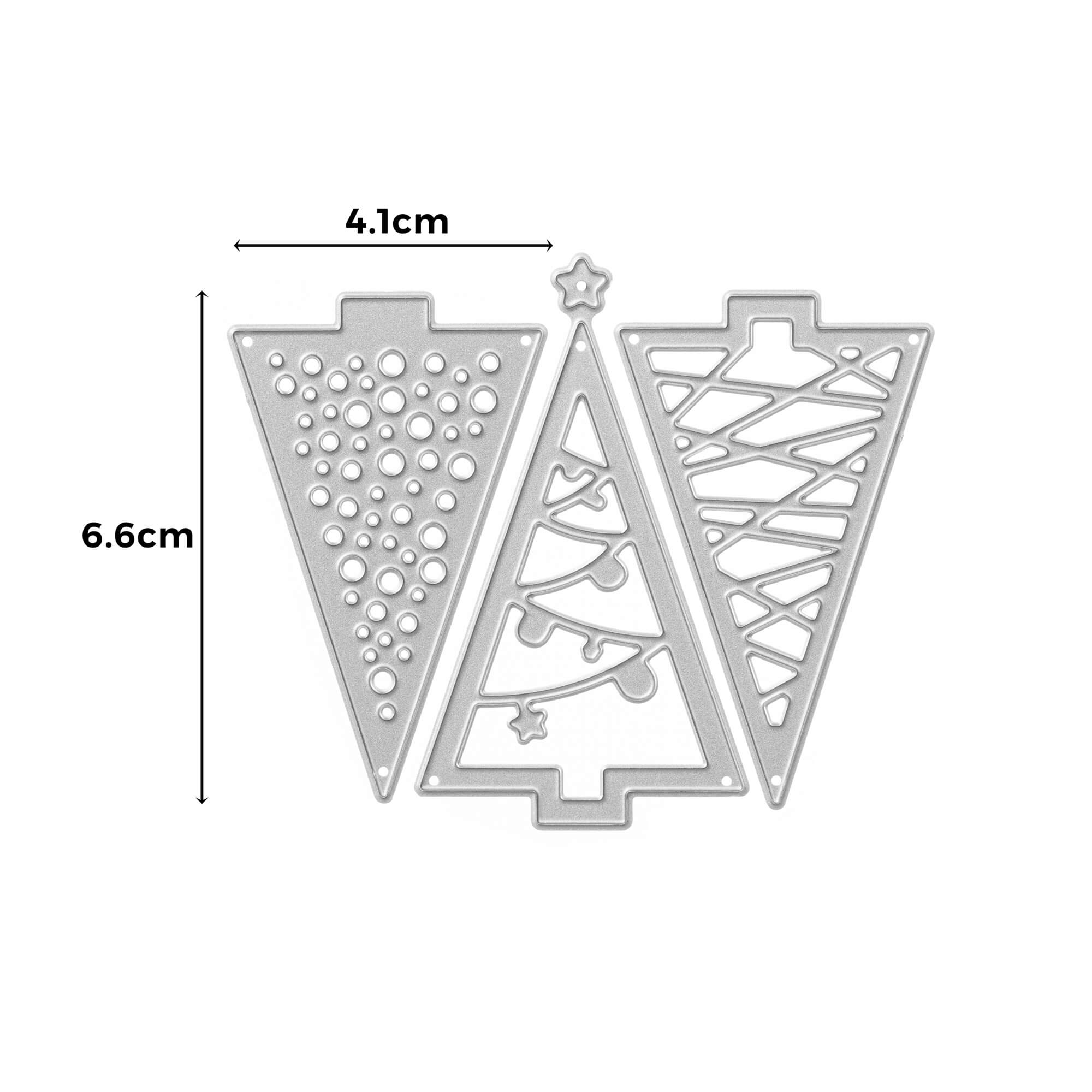 Die "Stanzschablone Drei verschiedene Tannenbäume" von Stanzenshop.de enthält drei Metallschablonen in festlicher Dreiecksform, jeweils 6,6 cm hoch x 4,1 cm breit, ideal zum Basteln. Inklusive Größenanleitung.