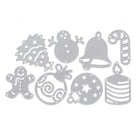 Das Stanzenshop.de Stanzschablone Set enthält acht silberne Weihnachtsmotive - Baum, Schneemann, Glocke, Zuckerstange, Lebkuchenmann, Ornament, Geschenk und Kerze - ideal zum Basteln oder als Ausstecher.