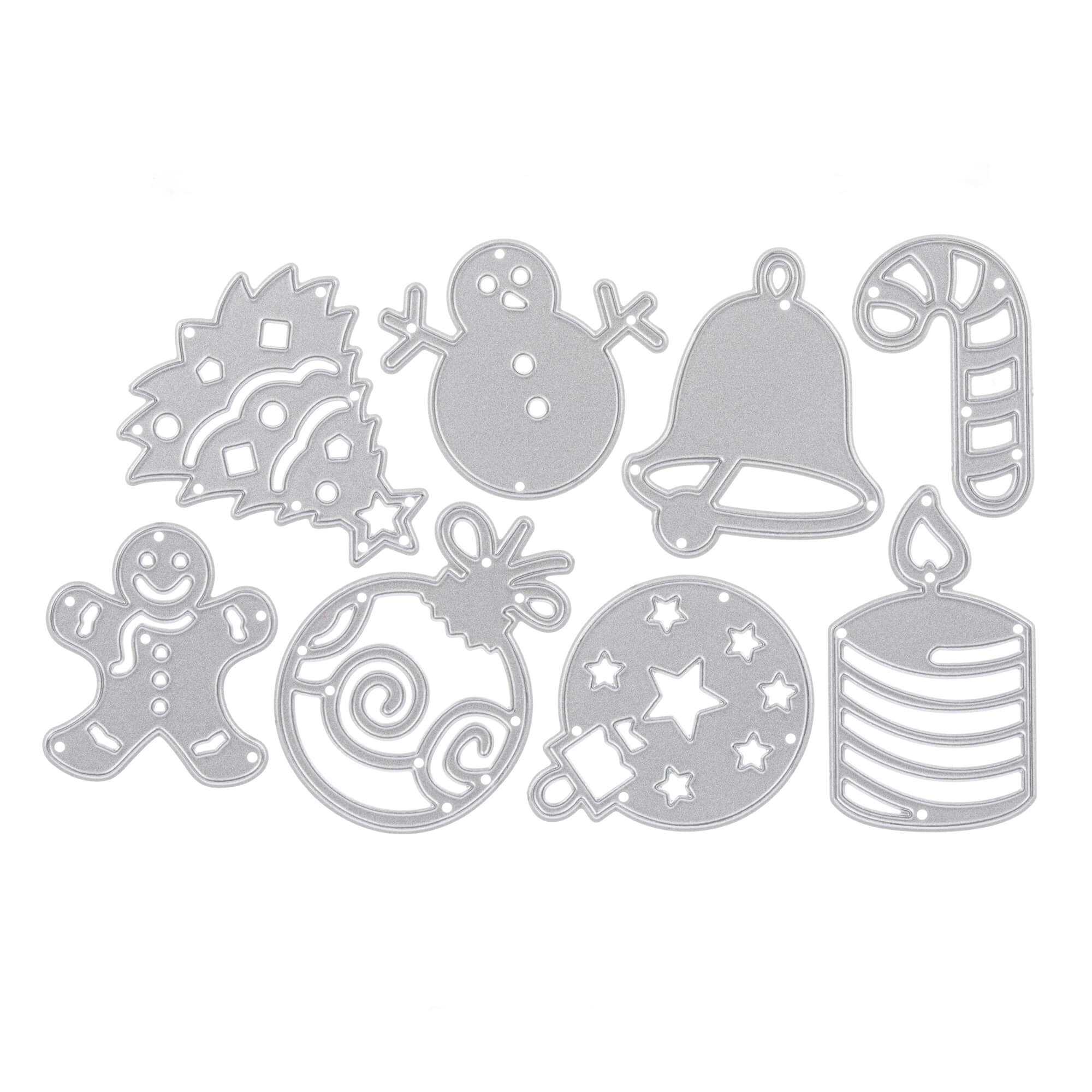 Das Stanzenshop.de Stanzschablone Set enthält acht silberne Weihnachtsmotive - Baum, Schneemann, Glocke, Zuckerstange, Lebkuchenmann, Ornament, Geschenk und Kerze - ideal zum Basteln oder als Ausstecher.